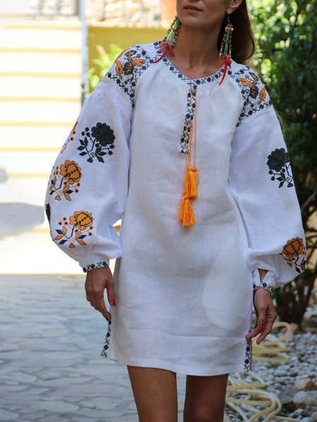 

V Neck Mini Dresses Shift Daily Cotton Embroidered Dress, White, Mini Dresses