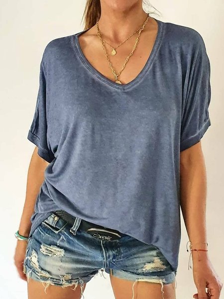 

Scollo a V Cotone Dritto Casuale Camicie & Top, Blu, T-Shirts