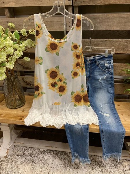 

Sunflower Stitching Lace Cute Vest Top, White, T-shirts