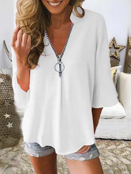 

Cerniera Maniche Corte Casuale Scollo a V Solido Top, Bianco, Blouses & Shirts