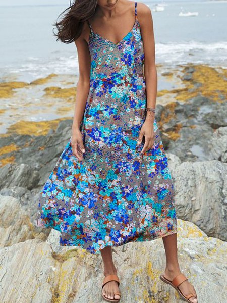 

Abito Bohemian Floreale Misto Cotone, Blu, Dresses