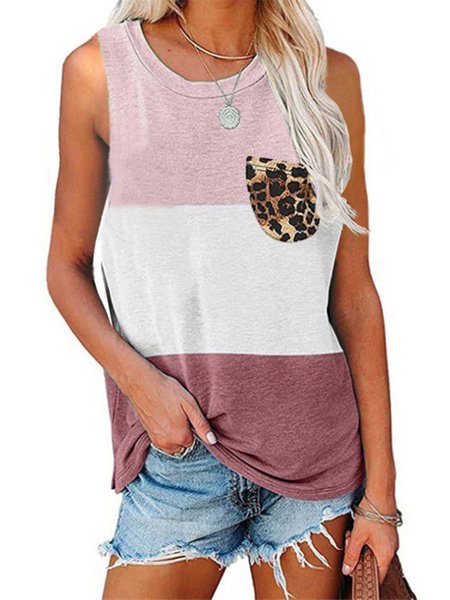

Vintage Color-block Leopard Pocket Plus Size Sleeveless Crew Neck Casual Tops, Wine red, Tank Top