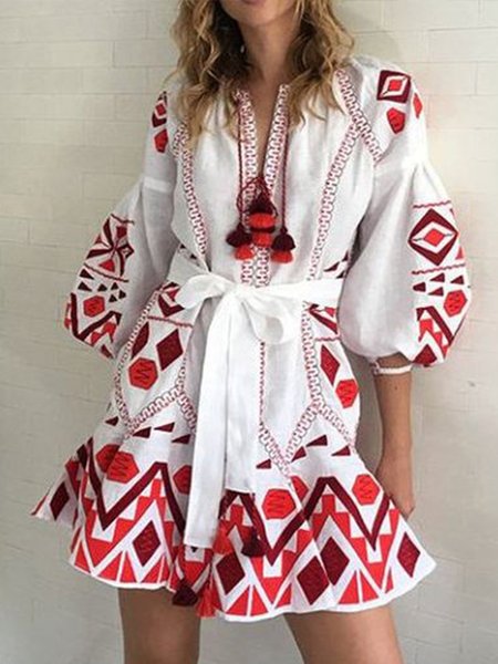 

3/4 Sleeve A-Line Tribal Holiday Dress, White, Mini Dresses