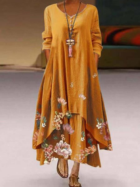 

Casual A-Line Floral 3/4 Sleeve Weaving Dress, Yellow, Floral Dresses