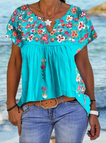 

V Neck Short Sleeve Cotton-Blend Tops, Blue, T-Shirts