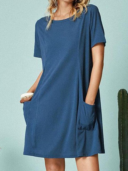 

Short Sleeve Crew Neck Casual Knitting Dress, Blue, Casual Dresses