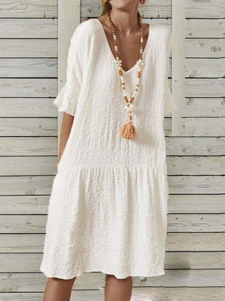 

Abito Casuale Maniche Corte Solido, Bianco, Midi Dresses