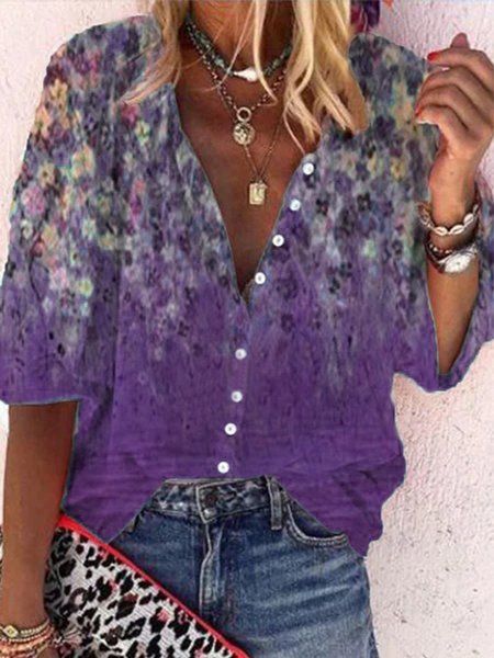 

Vintage Mezza Manica Stampata Floreale Scollo a V Casuale Top, Viola, Blouses & Shirts