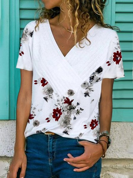 

V Neck Floral Short Sleeve T-shirt, White, Blouses & Shirts