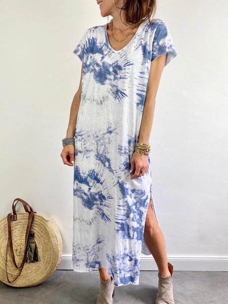 

Casual Printed Short Sleeve Cotton-Blend Knitting Dress, Blue, Tie dye dress