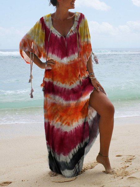 

Casual Tie-dyed Print V-neck Maxi Dress, Orange, Boho dresses