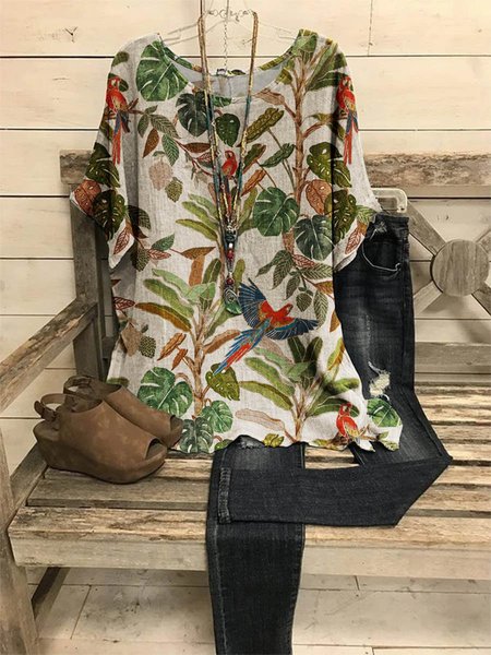 

Tropical Graphic Short Sleeve Round Neck Loose Top, Light yellow, T-shirts