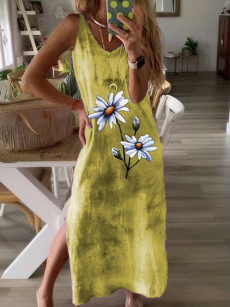 

Short Sleeve Ombre/tie-Dye V Neck Daisy Casual Holiday Knitting Dress, Yellow, Casual Dresses