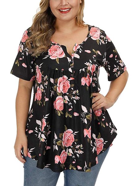 

Floral Casual Short Sleeve Tops, Black, Tops