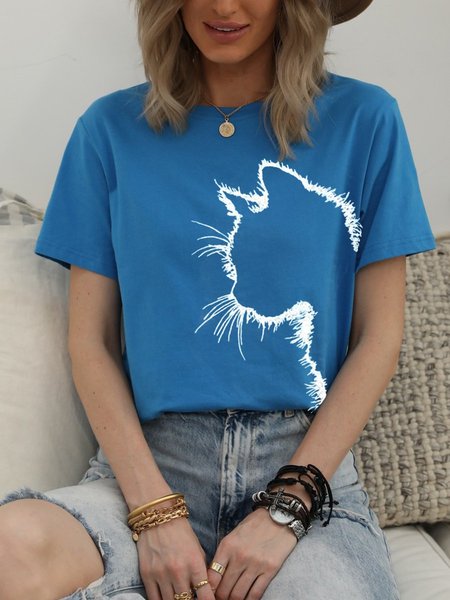 

Cat Cotton-Blend Casual Crew Neck Shift Women Tee, Blue, T-shirts