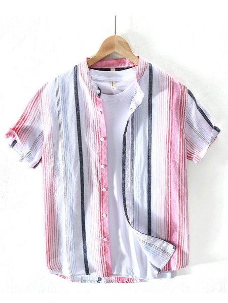 

Men's Stripe Short Sleeve Cotton Breathable Casual Loose Shirt, Pink, Men's Floral shirt