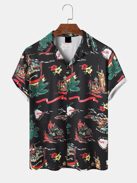 

Mens Hawaii Tropical Element Print Revere Holiday Short Sleeve Shirts, Black, Men's Floral shirt