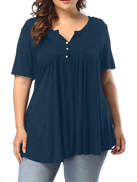 V Neck Solid Cotton Short Sleeve Tops, Dark blue, Shirts & Blouses
