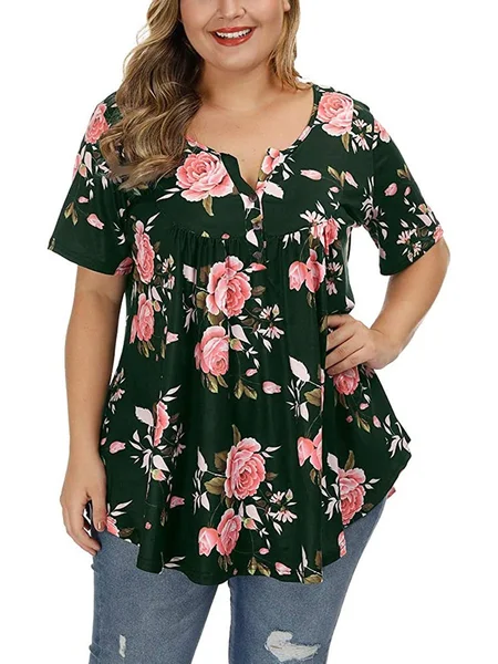 

Green Floral Cotton Casual Tops, Tops