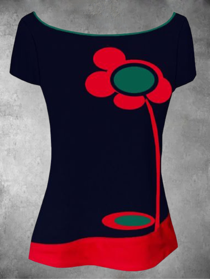 

Vintage Stampata Floreale Colore-block Maniche Corte Girocollo Casuale Top, Nero rosso, Blouses & Shirts