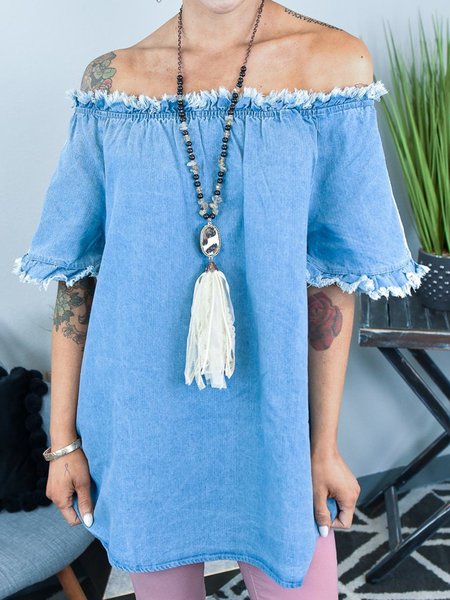 

Short Sleeve Fringed Off Shoulder Casual T-shirt, Blue, T-Shirts