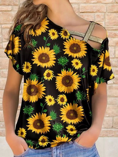 

Sunflower Criss-Cross Glitter Slash Neck Blouse - Black, T-Shirts