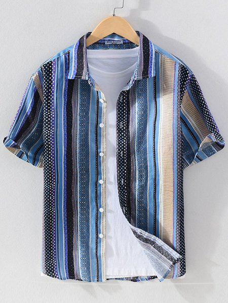 

Men's Printed Patchwork National Style Short Sleeve Cotton Breathable Casual Loose Shirt, Blue, Blouses&Shirts