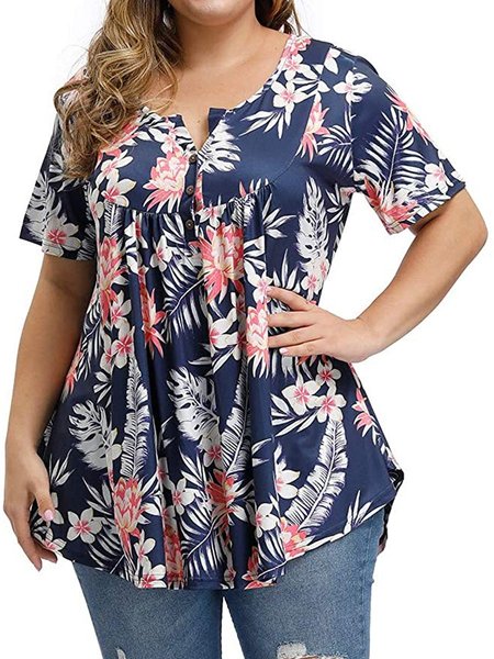 

Dark Blue Casual Short Sleeve Floral Tops, T-Shirts