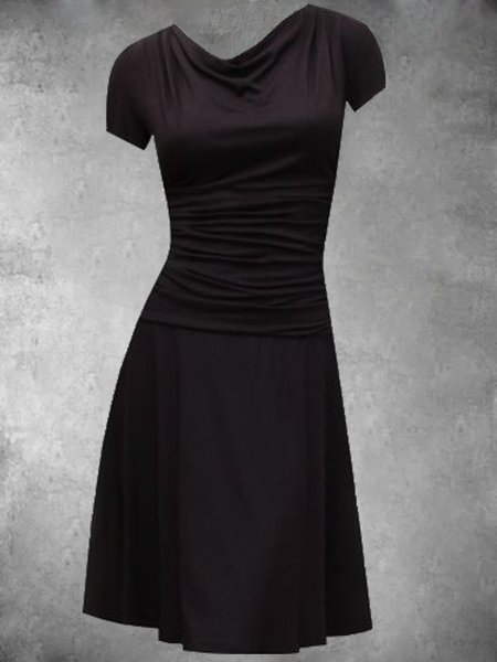 

Vintage Cowl Neck Solid Short Sleeve Knitting Dress, Black, Auto-Clearance
