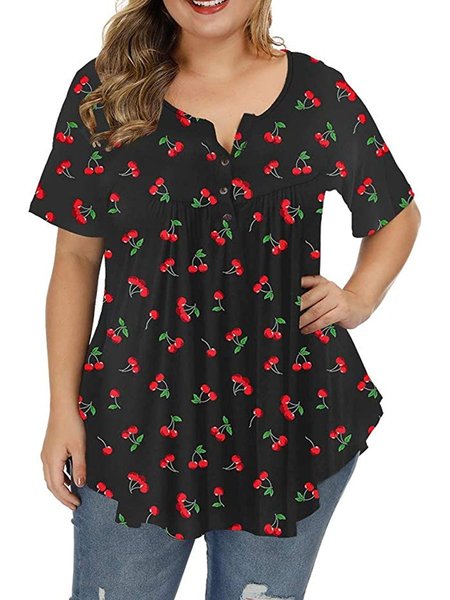 

Cherry Short Sleeve Casual Tops, Black, Tops