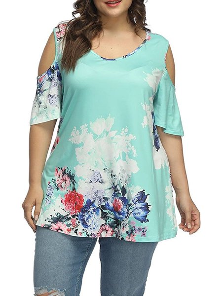 

Cold Shoulder Floral Round Neck Casual Tops, Lake blue, Tops
