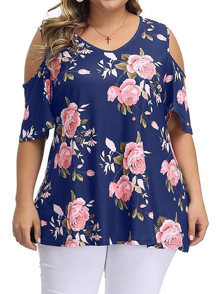 

Round Neck Casual Cotton Floral Tops, Dark blue, Tops