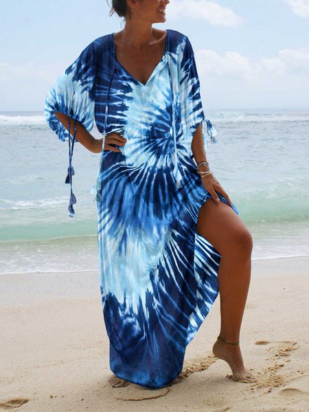 

Ombre/tie-Dye Casual Short Sleeve Weaving Dress, Blue, Casual Dresses