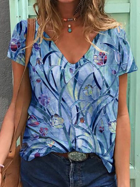 

Floral Short Sleeve Floral V Neck Women Tee, Purple, Tops