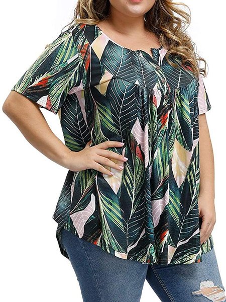 

Floral-Print Leaves Short Sleeve Tops, Green, T-Shirts