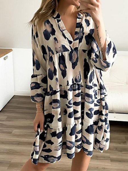 

V Neck Long Sleeve Leopard Cotton-Blend Weaving Dress, Tie dye dress