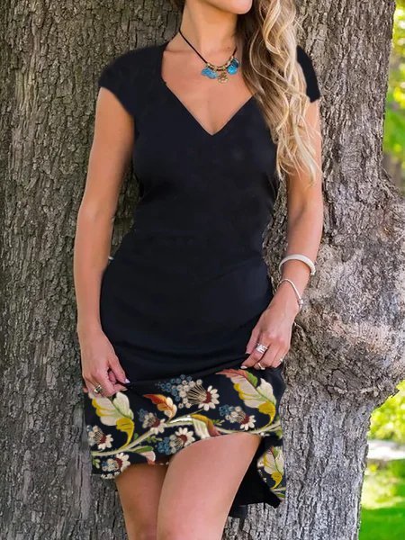 

Stampato Floreale Casuale Maniche Corte Misto Cotone Gonna Casuale, Nero, Mini Dresses