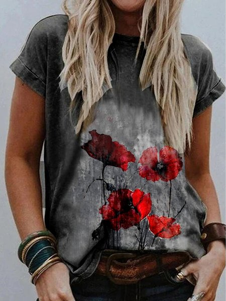 

Casual Crew Neck Short Sleeve Floral T-shirt, Deep gray, T-Shirts