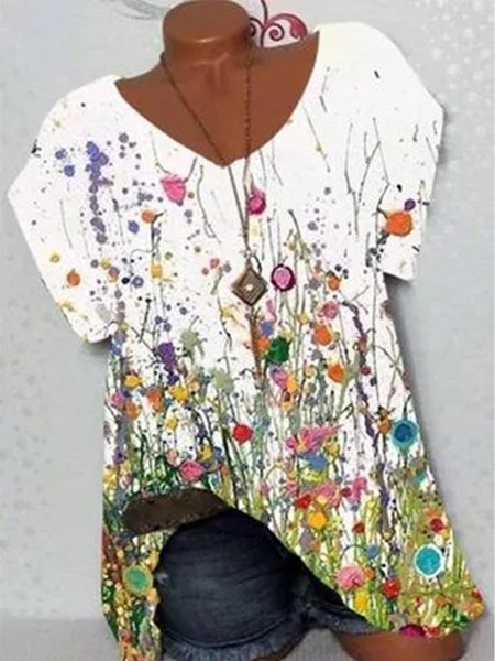 

Stampato Maniche Corte Semplice Camicie & Top, Bianco, Tops