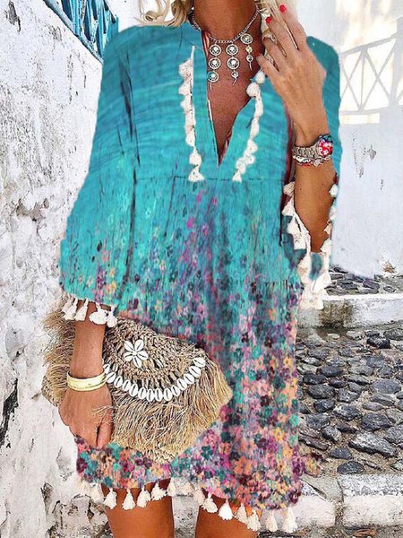 

V Neck Holiday Half Sleeve Weaving Dress, Blue, Floral Dresses