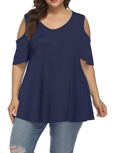 

Casual Cold Shoulder Round Neck Tops, Dark blue, T-Shirts