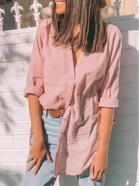 

Linen Shirt Collar Casual Blouse, Pink, Shirts & Blouses