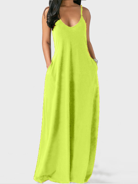 

Women Maxi Dress Summer Sleeveless Plus Size Loose Plain with Pockets Casual Long Sundress, Light yellow, Maxi Dresses