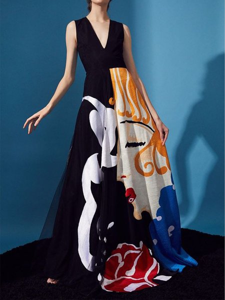 

V Neck A-Line Daily Vintage Abstract Sleeveless Maxi Dress, Black, Maxi Dresses
