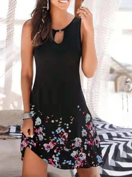 

Vintage Floral Printed Boho Plus Size Sleeveless Casual Dresses, Black, Dresses