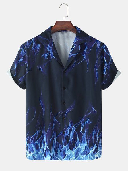

Mens All Over Blue Flame Print Revere Collar Street Short Sleeve Shirts SKUH06360, Men's Floral shirt