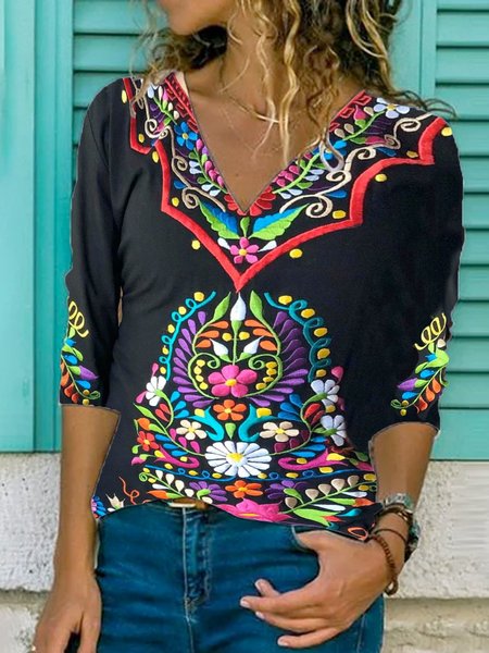 Jersey Casuale Maniche Lunghe Floreale Camicie & Top, Nero, Blouses & Shirts