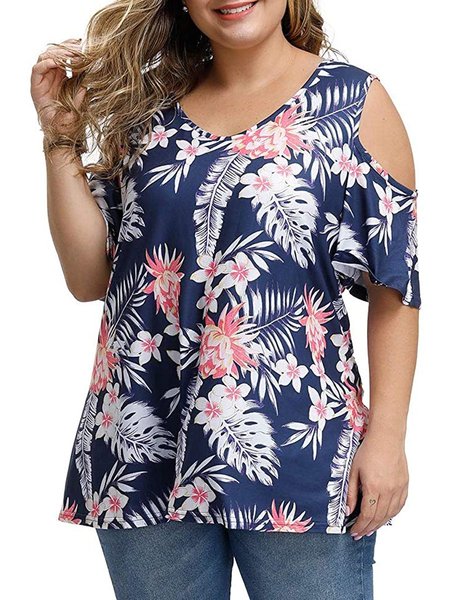 

Round Neck Floral Cotton Cold Shoulder Tops, Dark blue, Tops