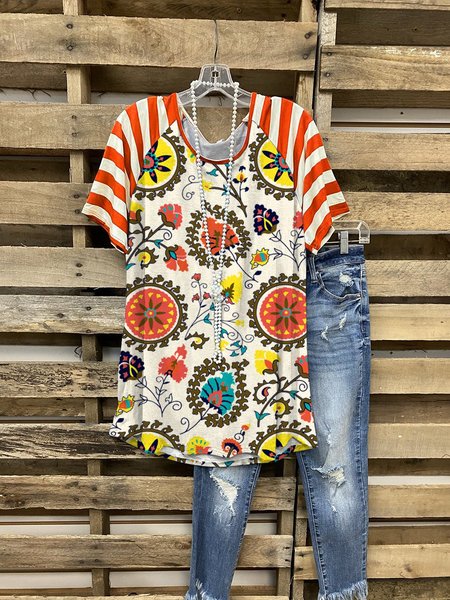 

Ethnic Graphic Short Sleeve Round Neck Loose Top, Multicolor, T-shirts