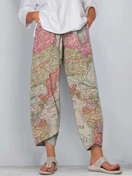 

World Map Printed Casual Shift Pants, As picture, Pants